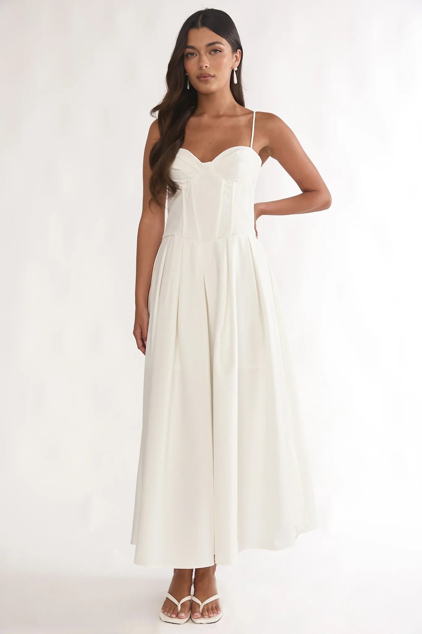 Kearsy Box Pleat Sweetheart Neckline Midi Dress White