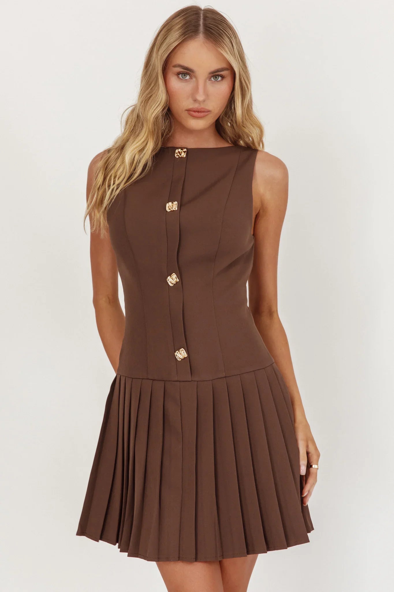 Opulent Pleat Skirt Button Mini Dress Coco