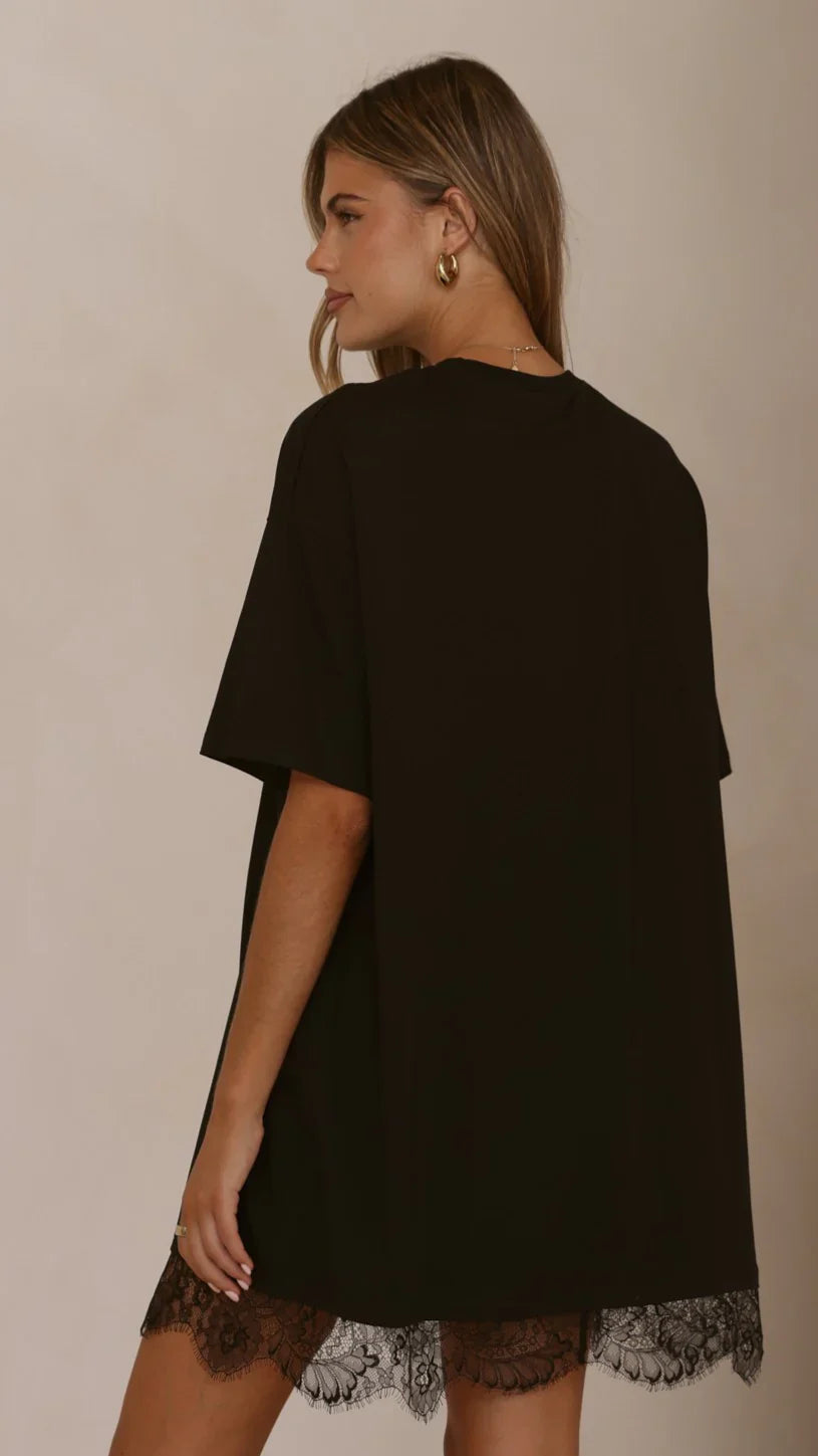Saya T Shirt Lace Mini Dress - Black