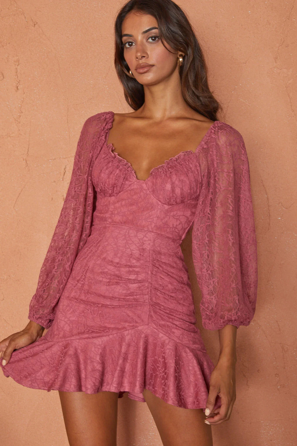 Halley Balloon Sleeve Frill Bust Flounce Hem Lace Dress Rose