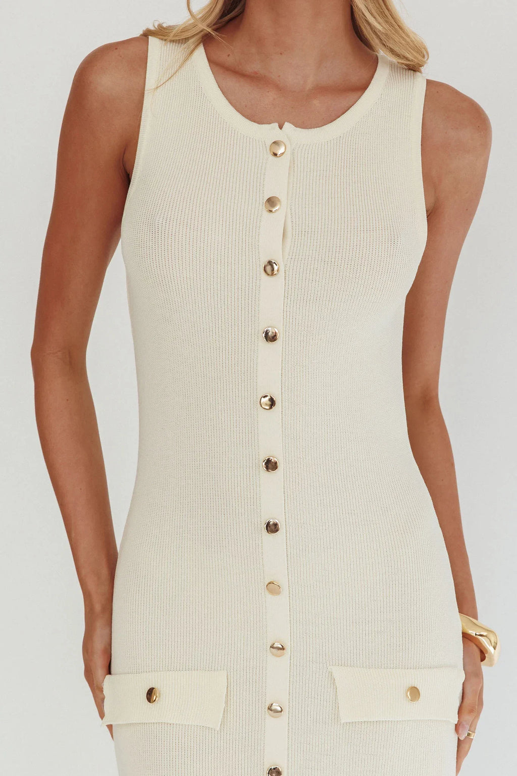 Kelani Gold Button Knit Maxi Dress Cream