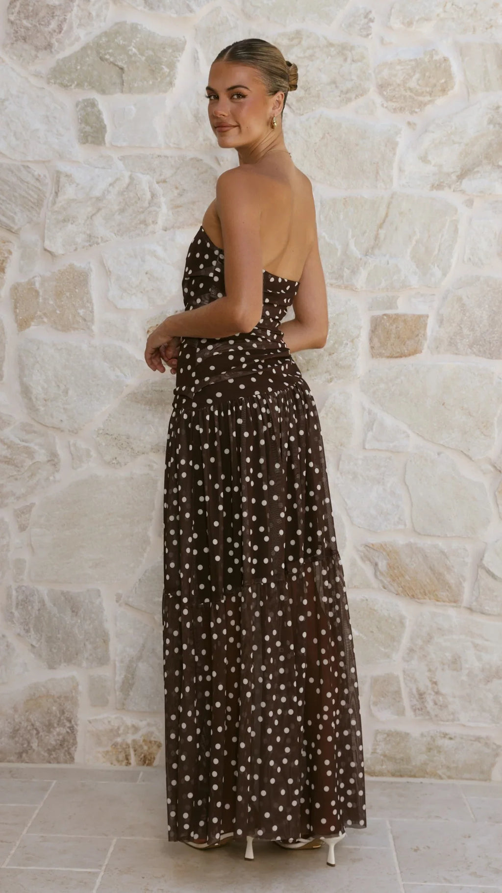 Riko Strapless Maxi Dress - Chocolate Polka