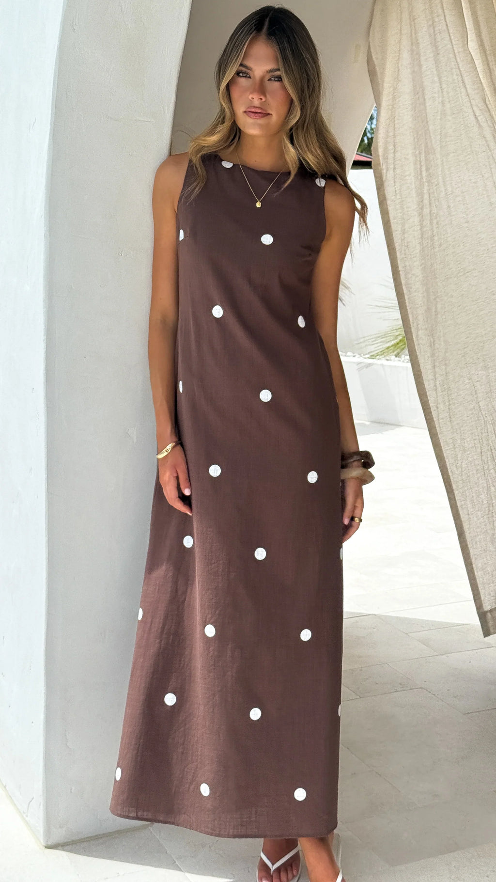 Vana Maxi Dress - Brown/White Polka