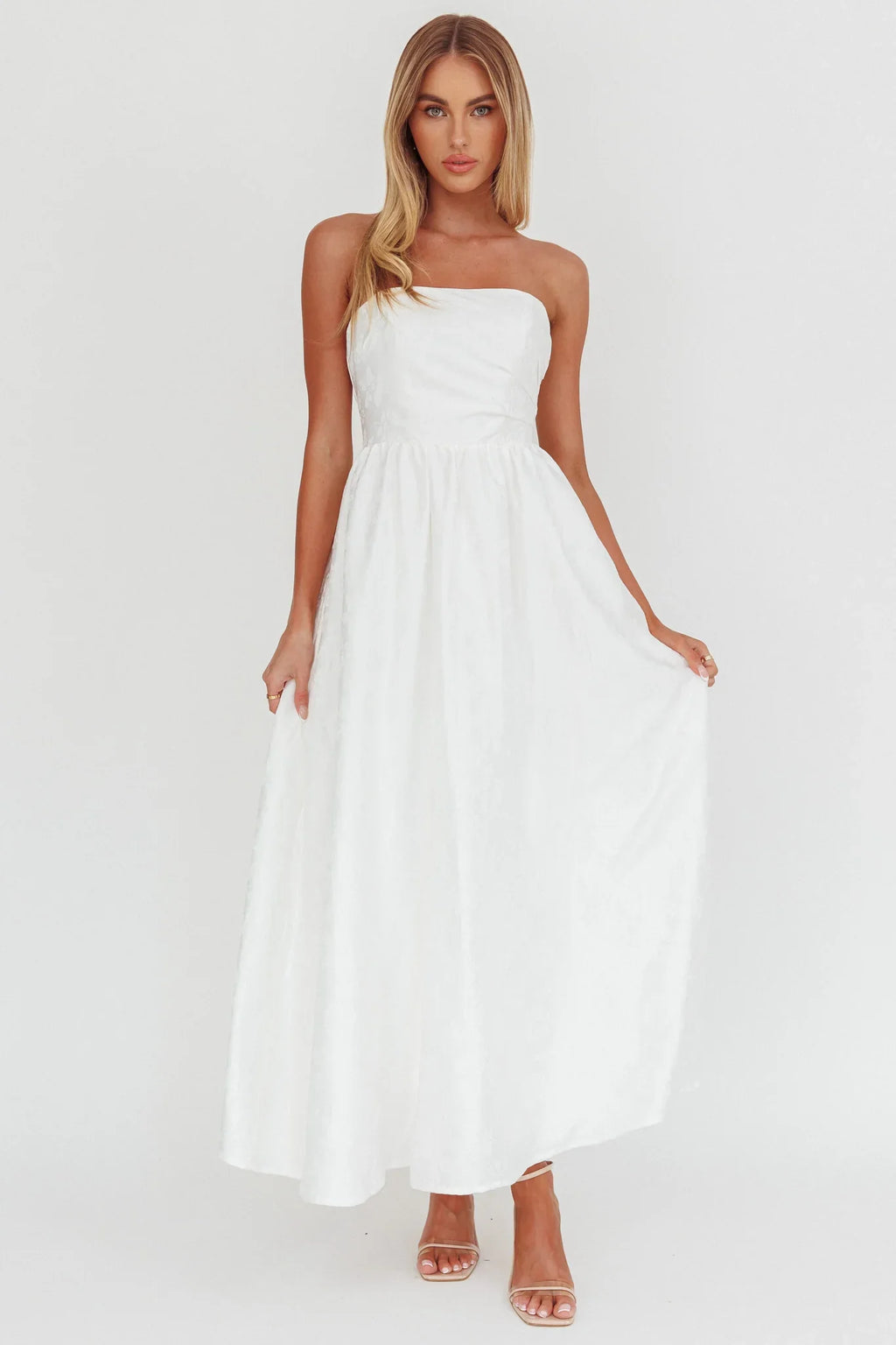 Anushka Strapless Empire Maxi Dress Jacquard White