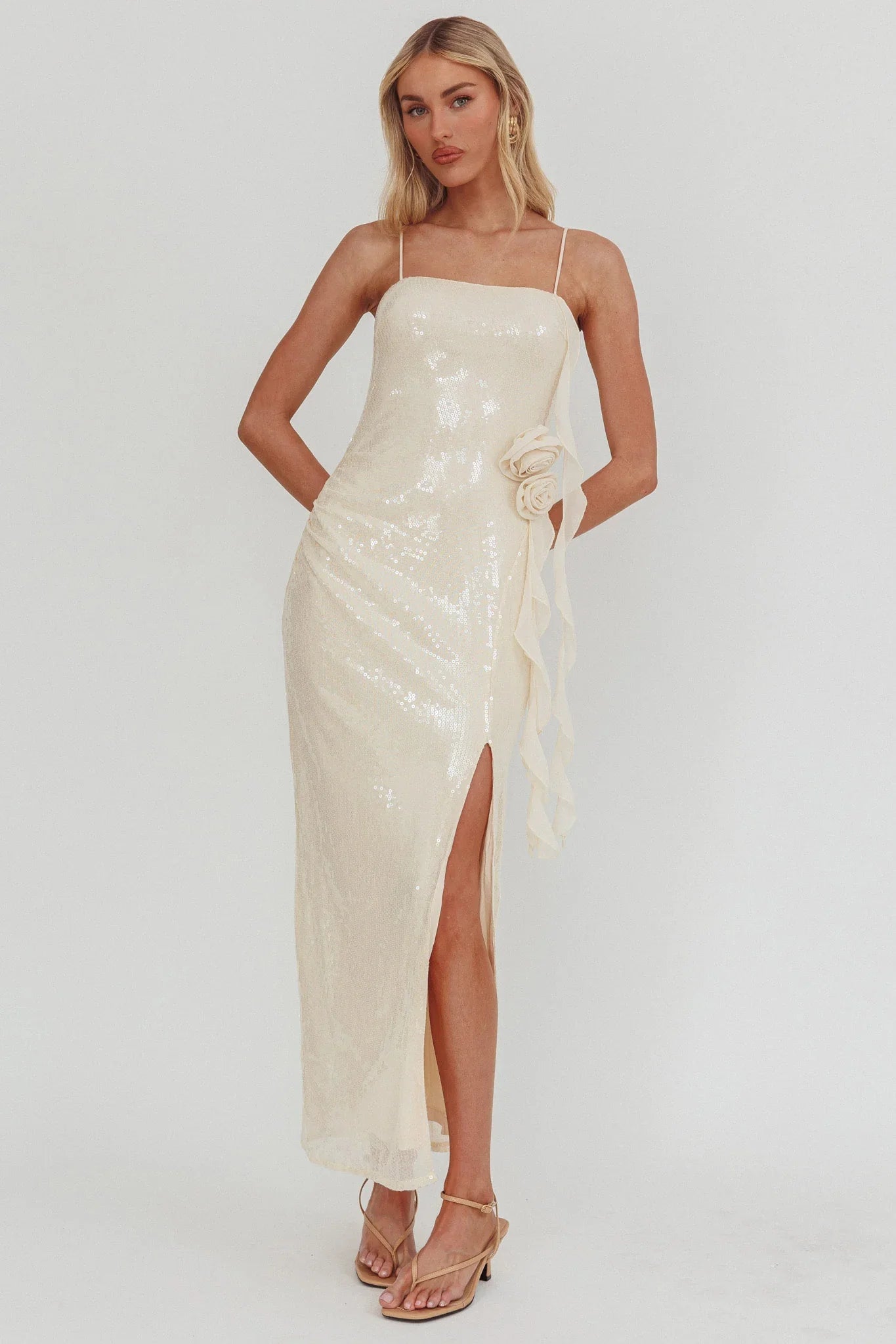 She Glows Cami Strap Sequin Maxi Dress Champagne