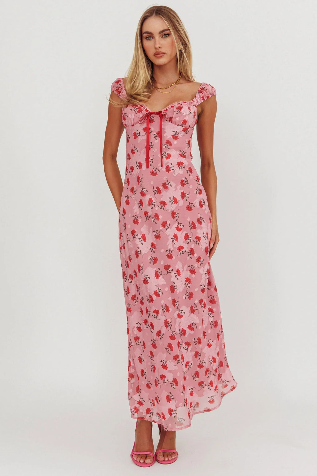 Femme Belle Ribbon Trim Maxi Dress Floral Pink