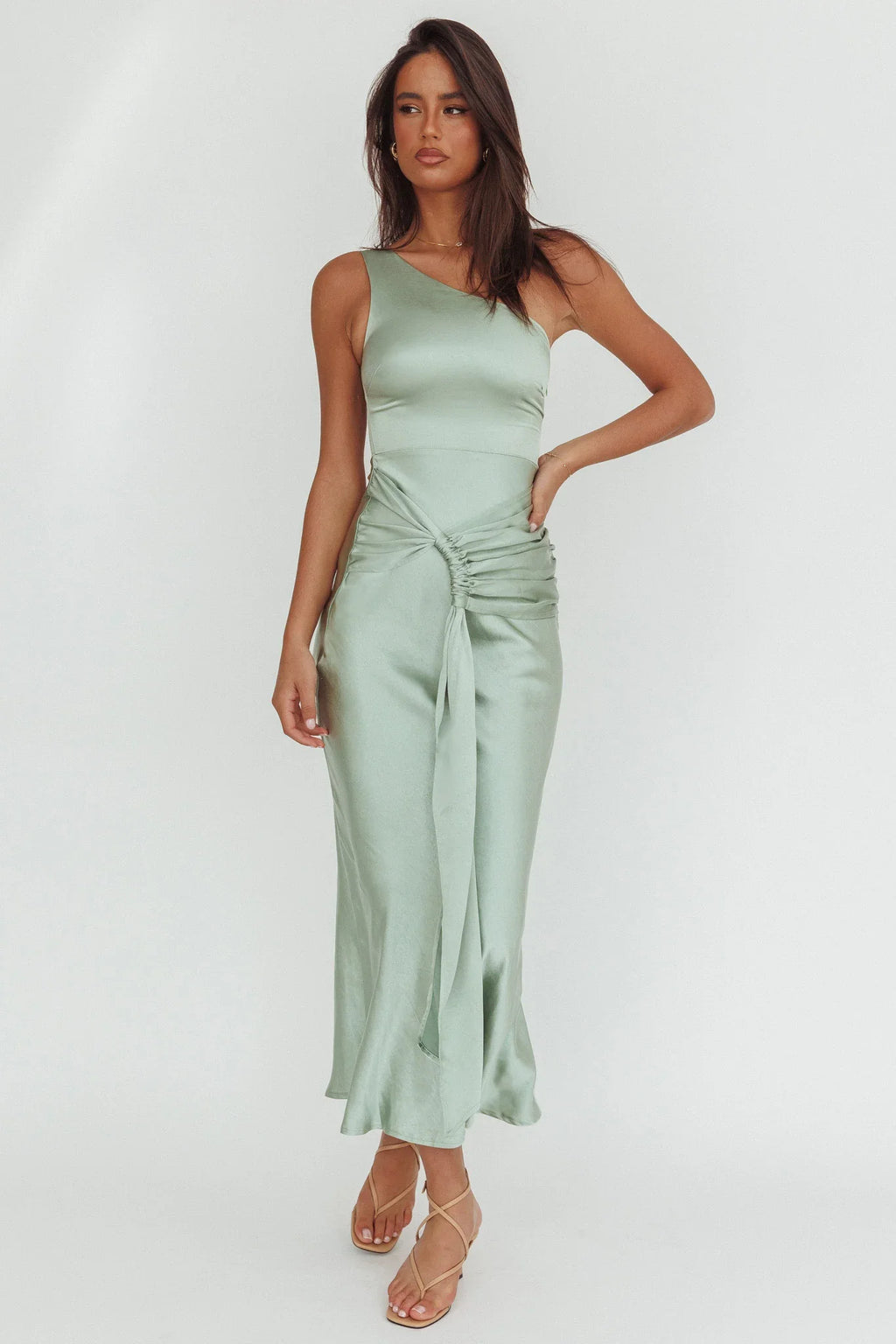 Luli One-Shoulder Waist Sash Maxi Dress Sage