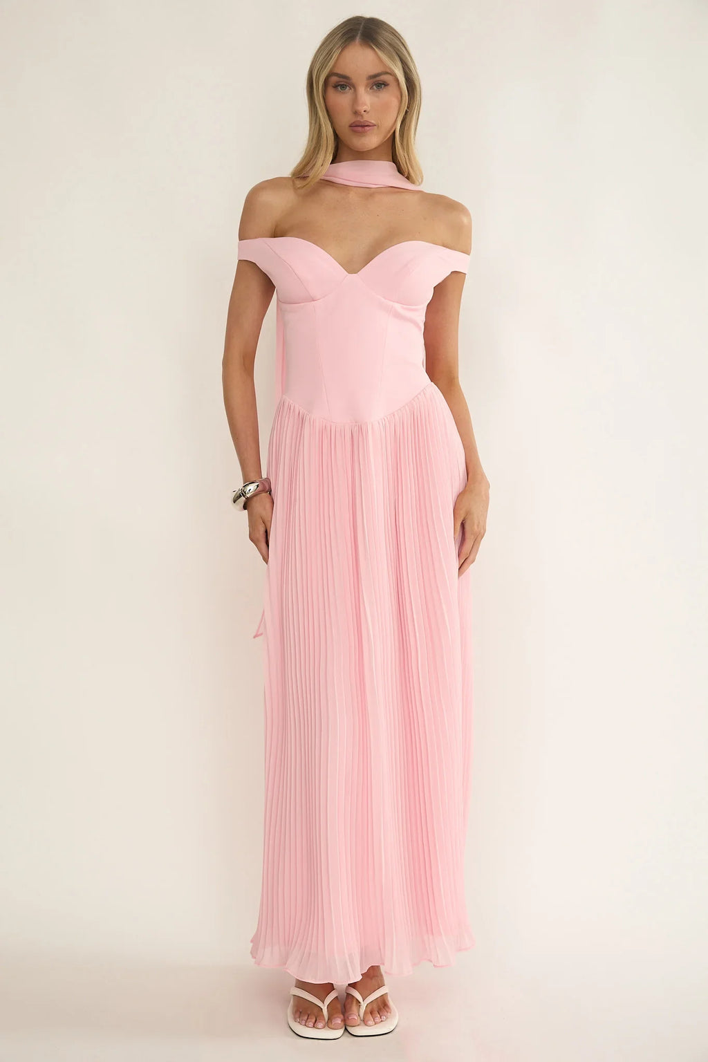 Quinnae Off-Shoulder Accordion Pleat Maxi Dress Pink