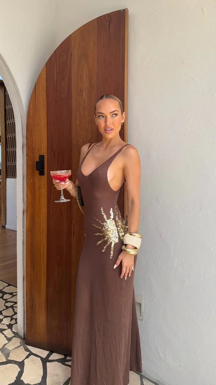 Bianca Sun Sequin Maxi Dress - Brown