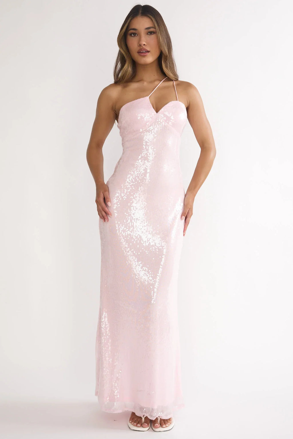 Roselyn One-Shoulder Sequin Maxi Dress Pink