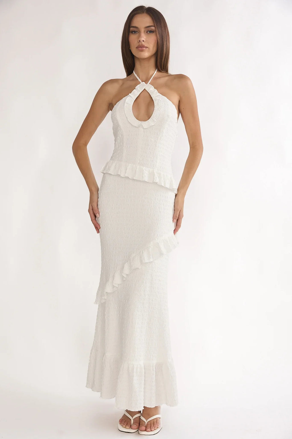 Clemence Smocked Frill Trim Maxi Dress White