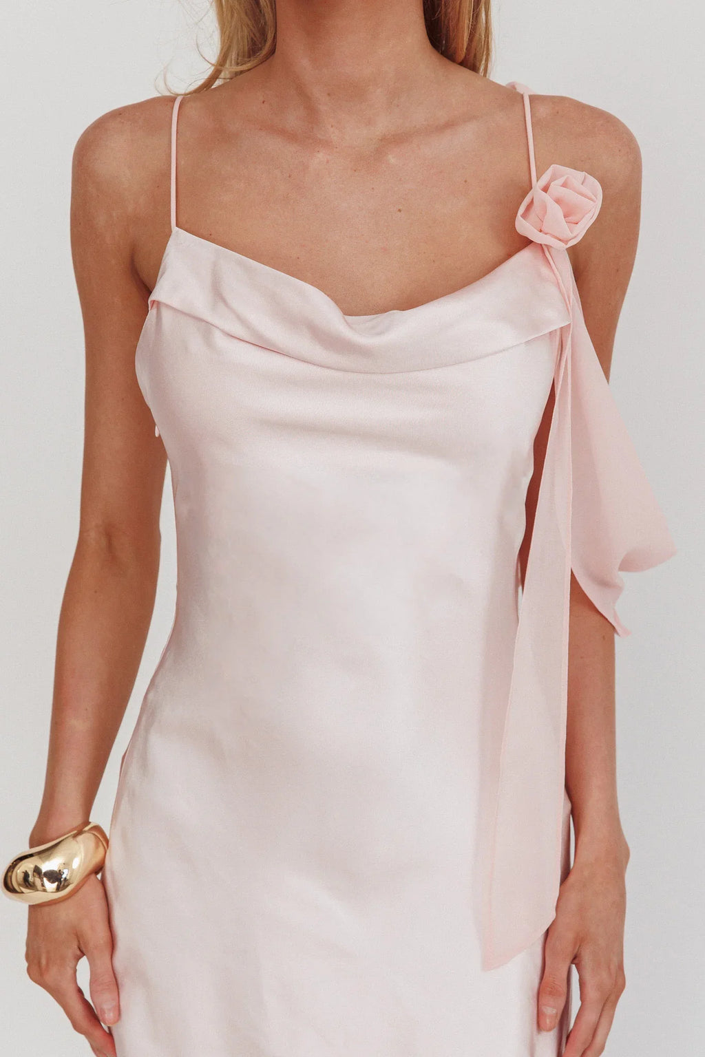 Gilded Dream Shoulder Detail Chiffon Hem Maxi Dress Blush