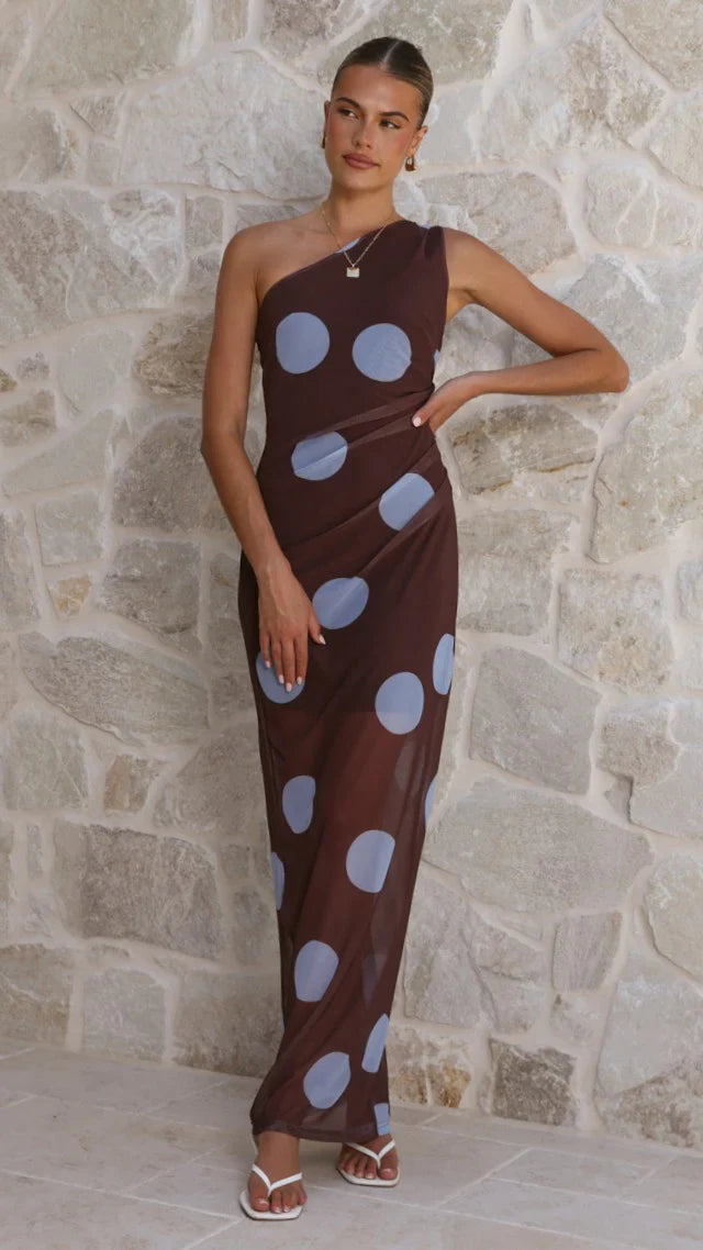 Cataleya Mesh Maxi Dress - Brown / Blue Polka Dot