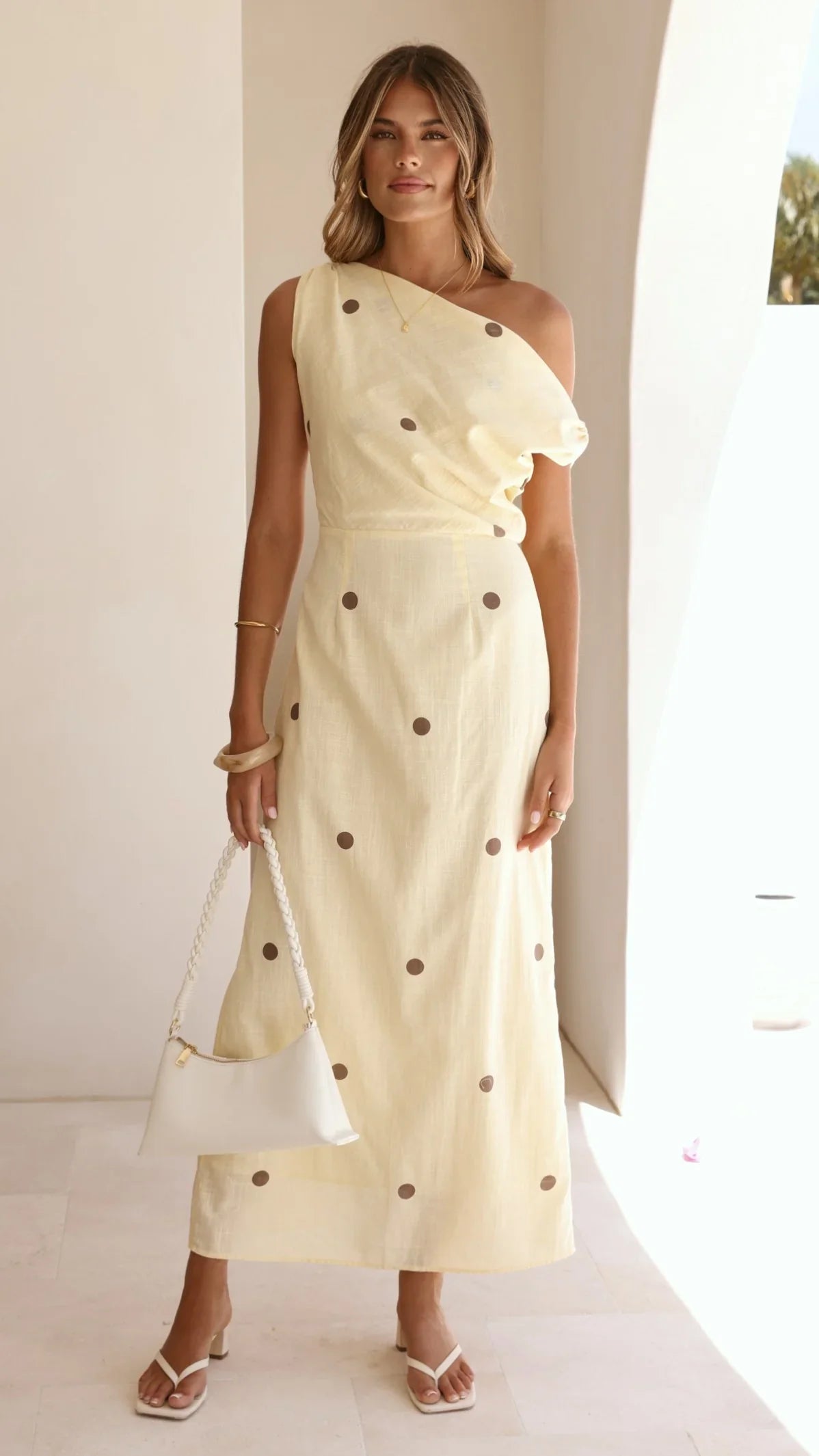 Luci Off Shoulder Maxi Dress - Yellow/Chocolate Polka