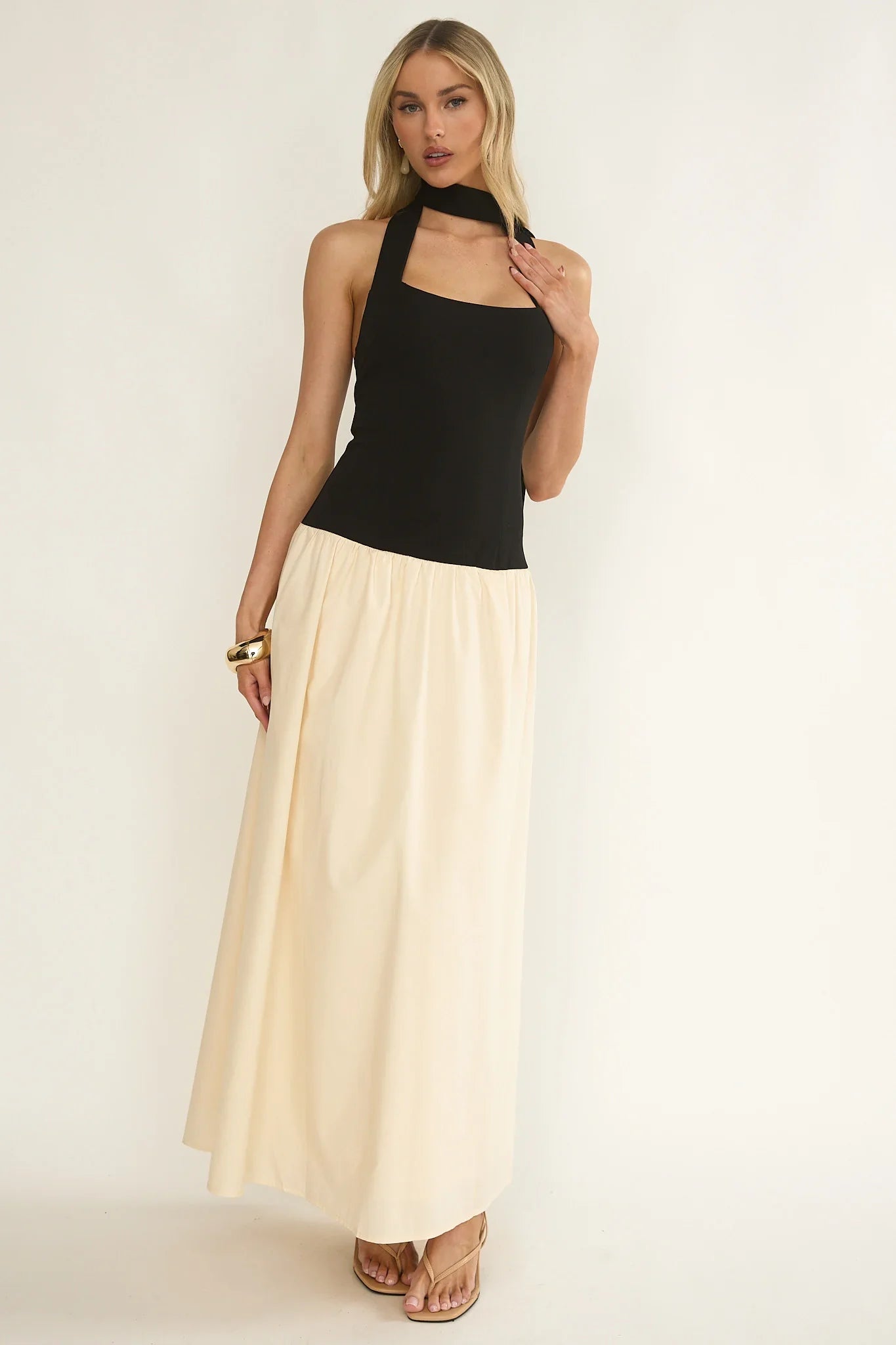 Elery Drop Waist Halter Maxi Dress Black/Cream
