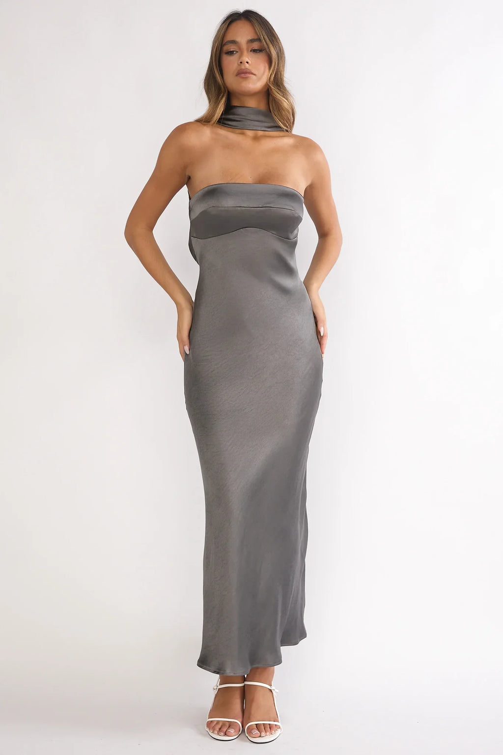 Damsel Reverse Halter Maxi Dress Satin Charcoal
