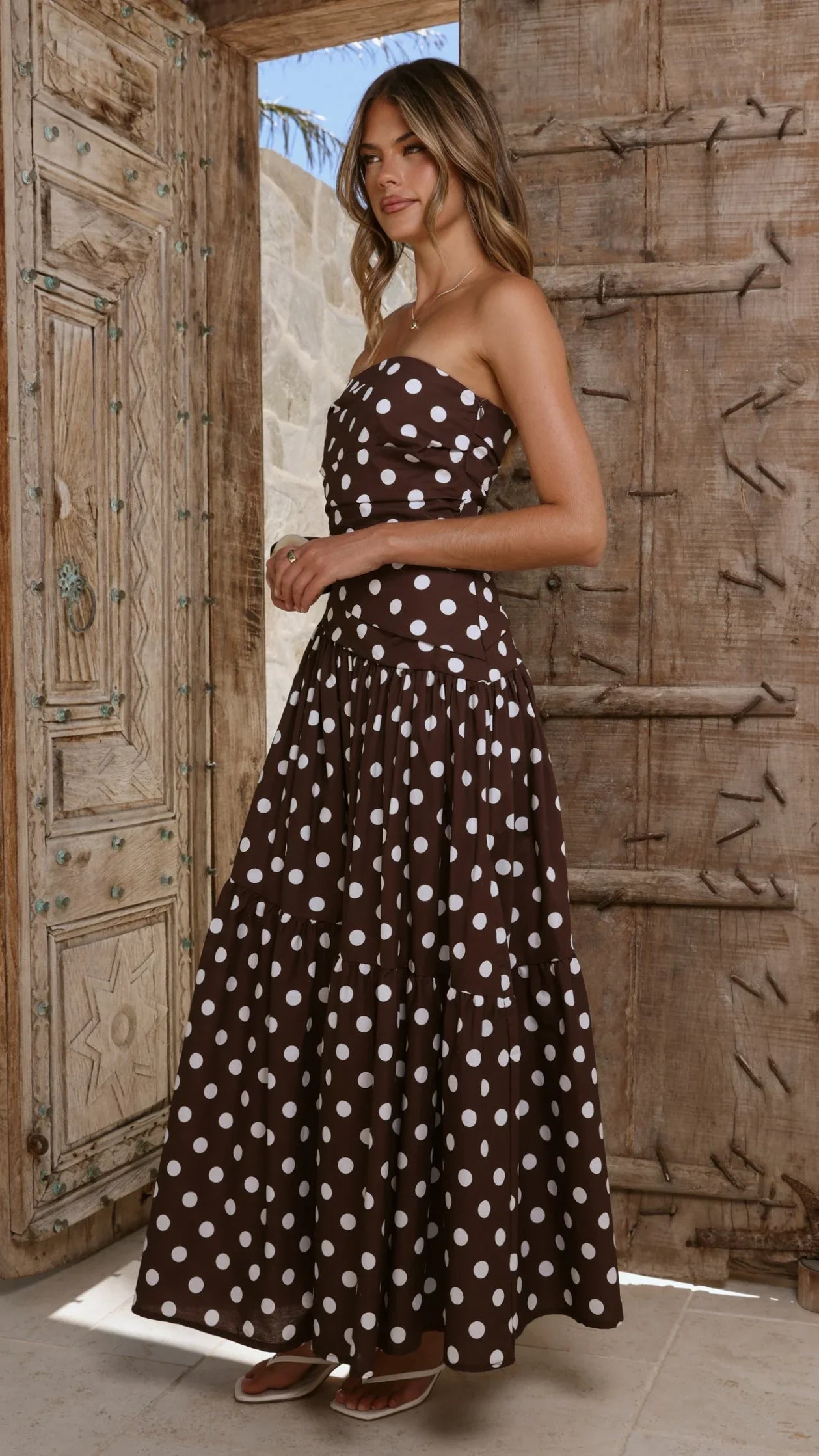 Lyra Maxi Dress - Brown/White Polka Dot