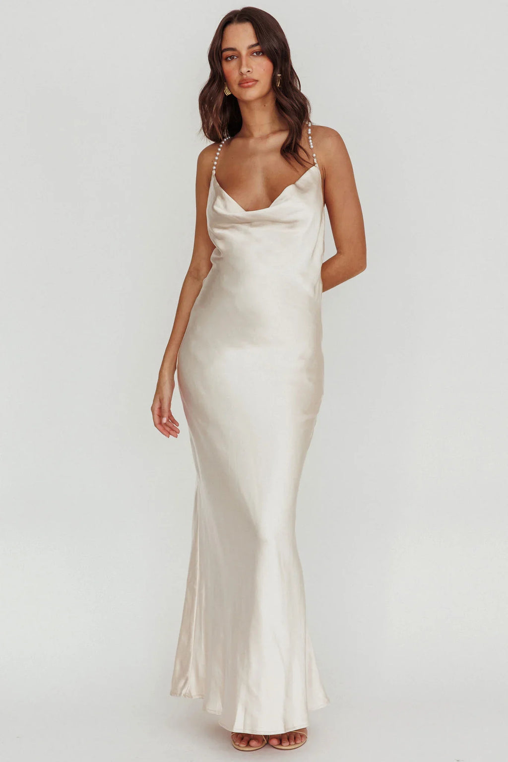 Danijela Cowl Neck Pearl Satin Maxi Dress Champagne
