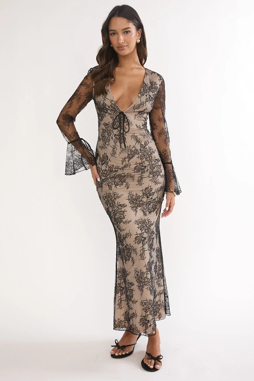 Lysandra Flared Cuff Maxi Dress Lace Black