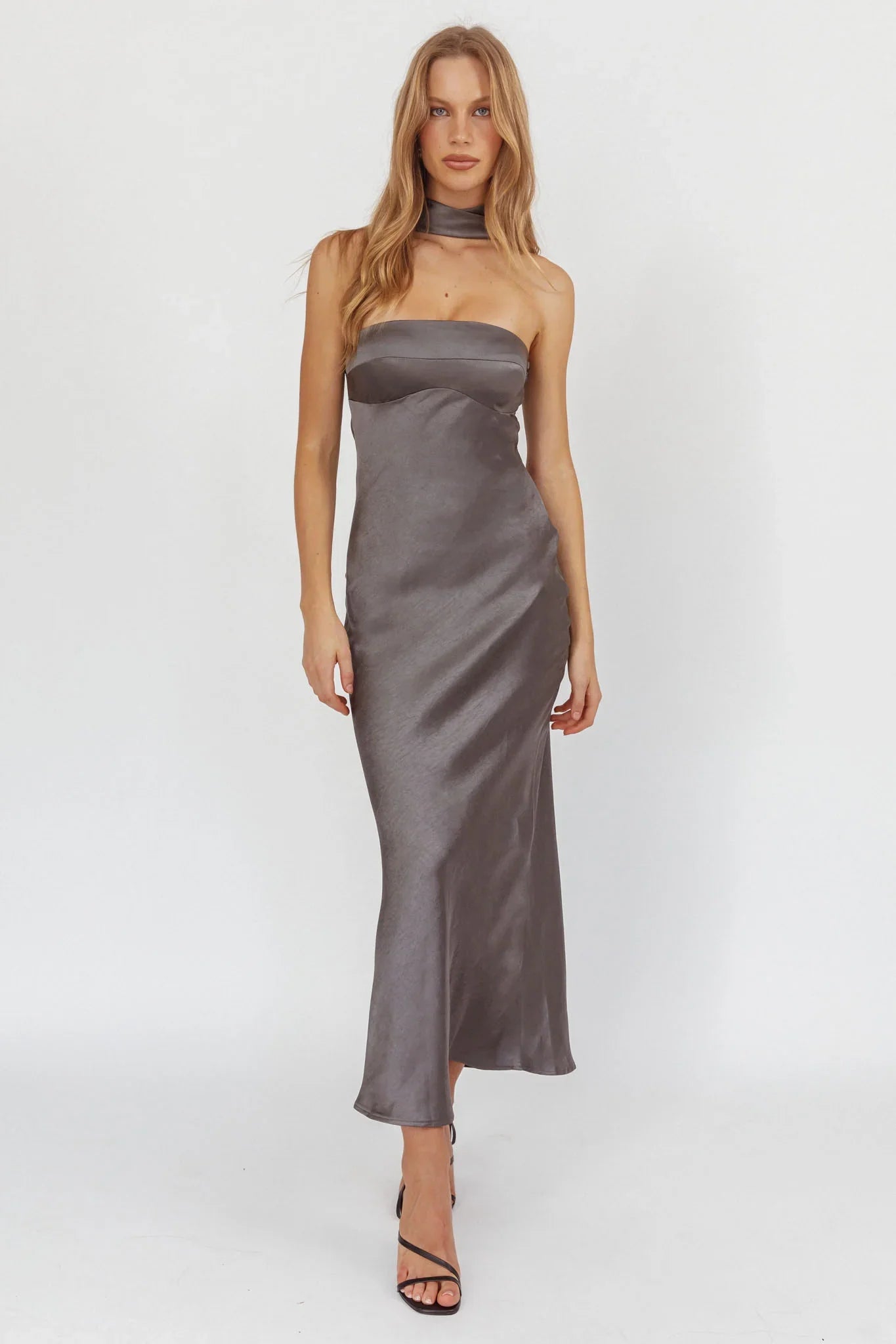 Damsel Reverse Halter Maxi Dress Satin Charcoal
