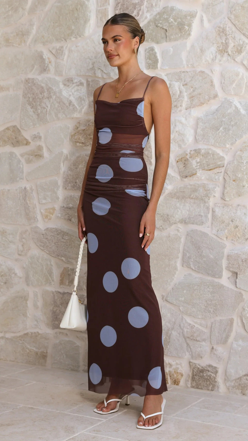 Loralei Mesh Maxi Dress - Brown / Blue Polka Dot