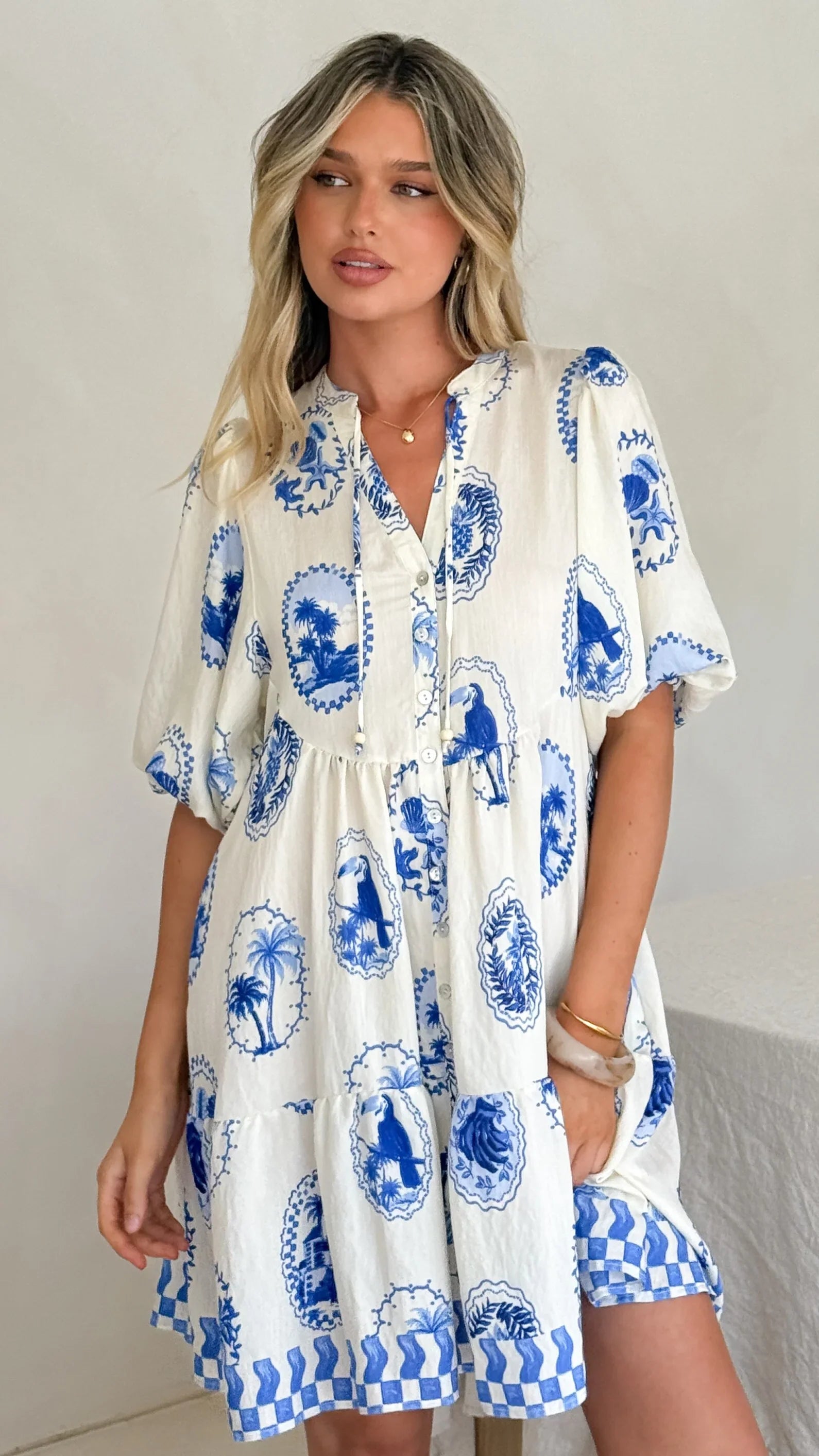 Tabitha Mini Dress - Blue Stamp