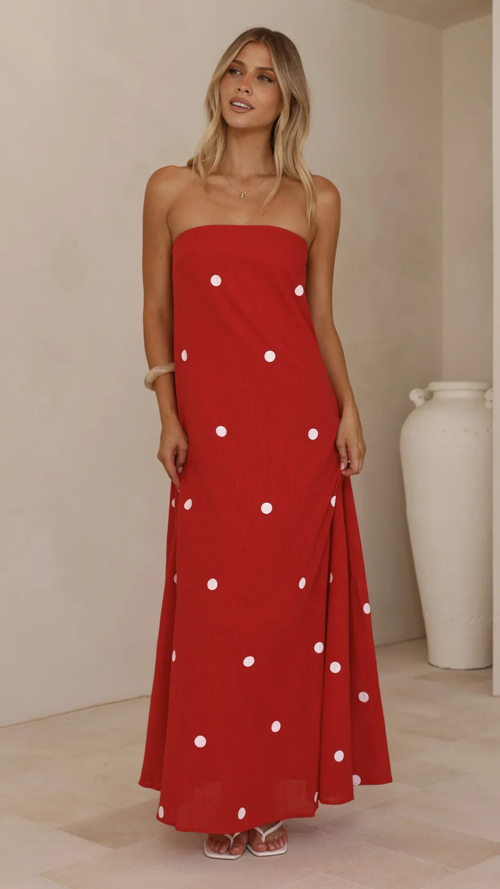 Connie Maxi Dress - Red/White Polka Dot