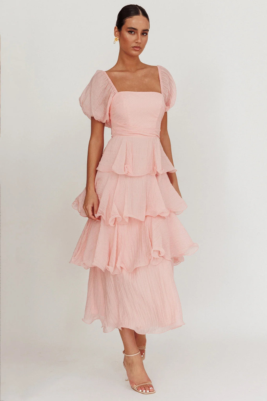 Giavana Puff Sleeve Layered Maxi Dress Baby Pink