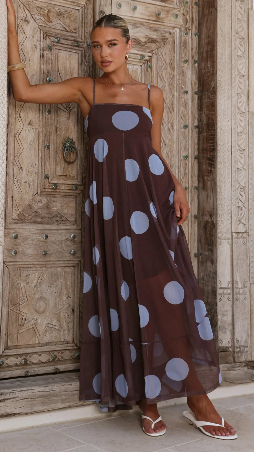 Melinda Mesh Maxi Dress - Brown / Blue Polka Dot
