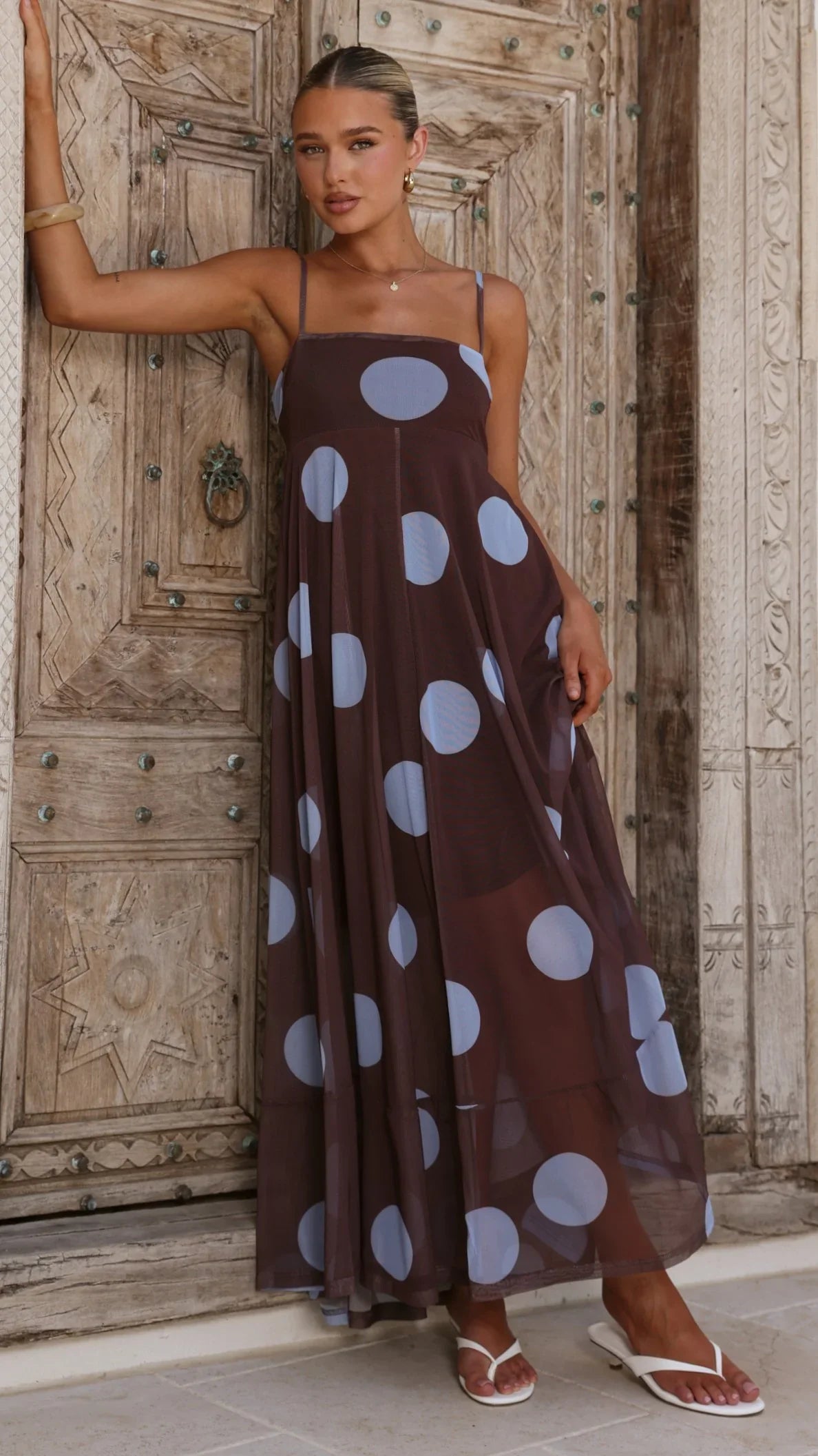 Melinda Mesh Maxi Dress - Brown / Blue Polka Dot
