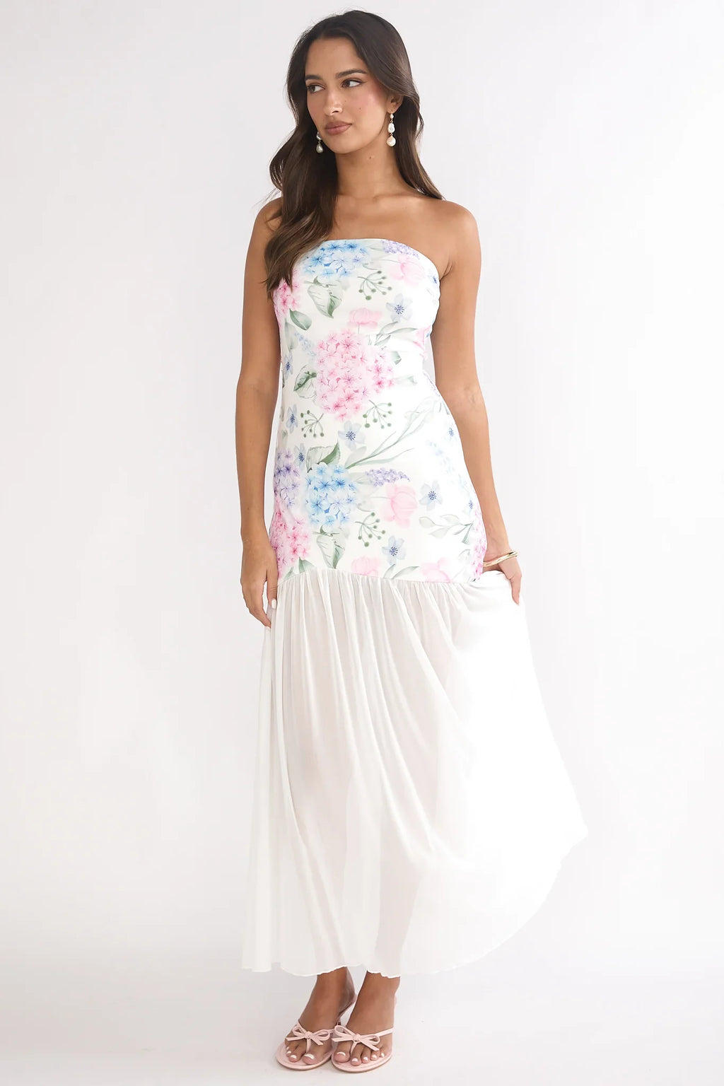 Wilma Sheer Hem Strapless Maxi Dress Flowers Blue