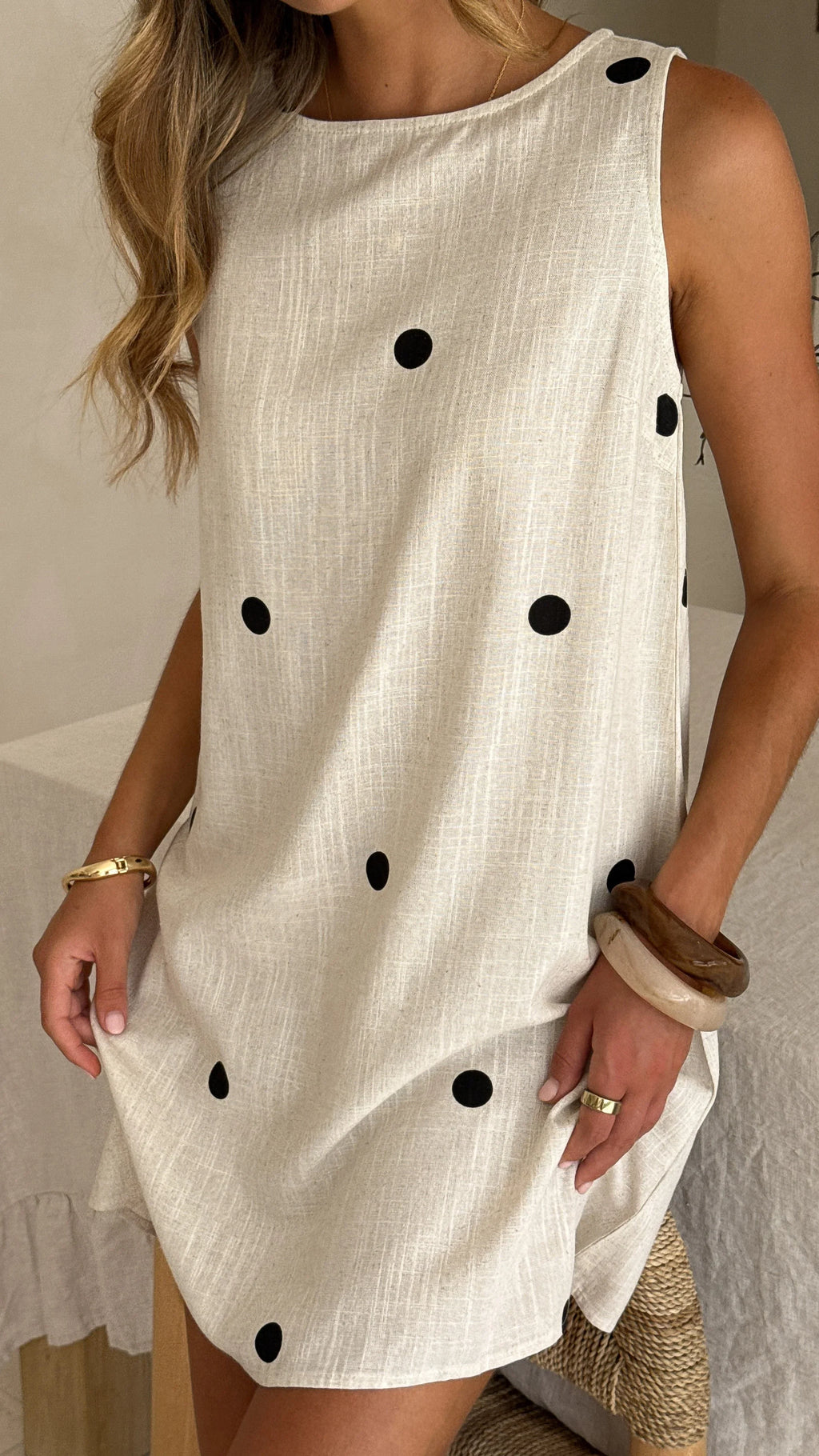 Natala Shift Mini Dress - Oat/Black Polka Dot