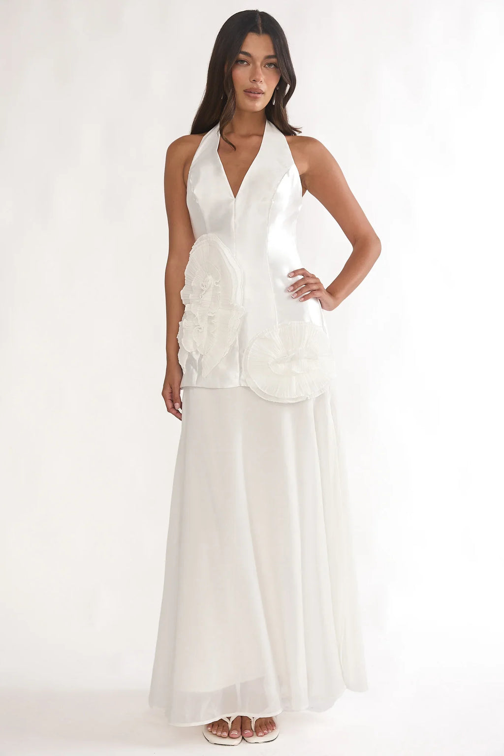 Elyria 3D Ruffle Halter Maxi Dress White