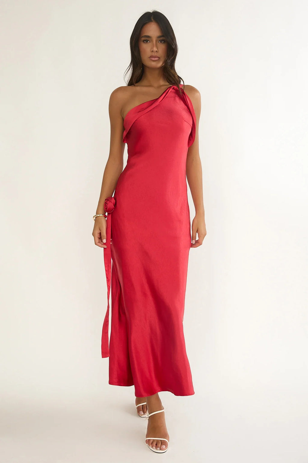 Star Fall One-Shoulder Rosette Maxi Dress Red