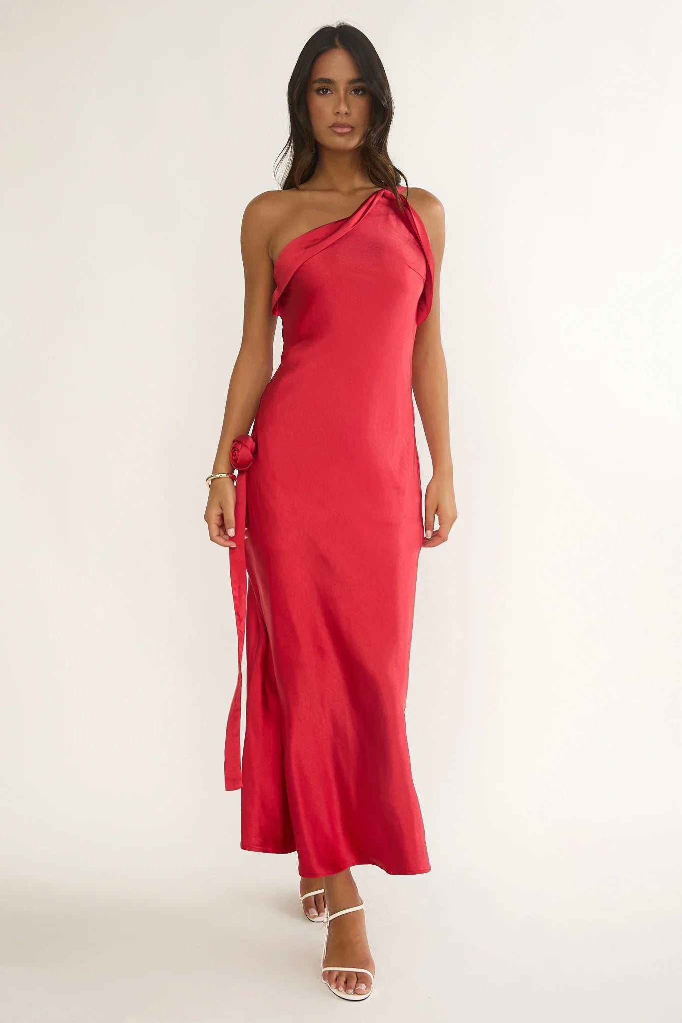 Star Fall One-Shoulder Rosette Maxi Dress Red