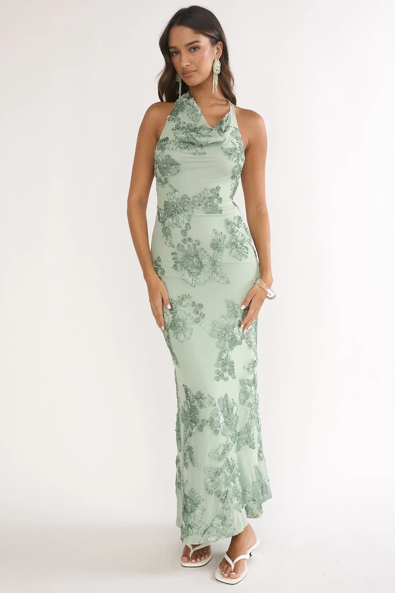 Kirralee Asymmetric Halterneck Embellished Maxi Dress Aqua Green
