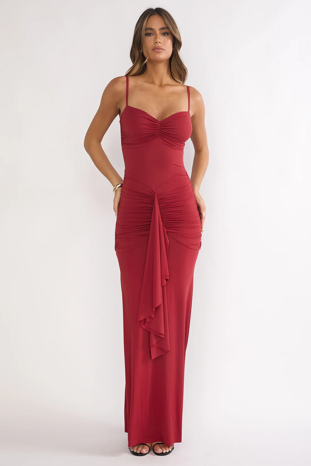 Lunara Ruched Cascade Sash Dress Wine