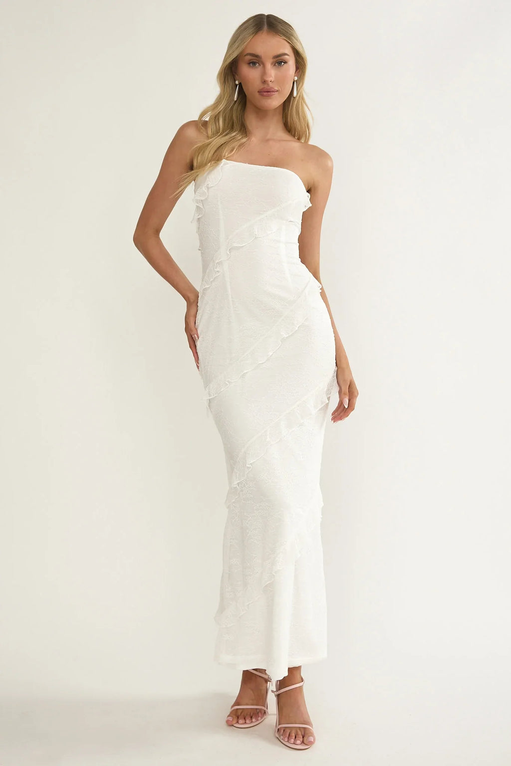 Metrics Strapless Frill Maxi Dress White
