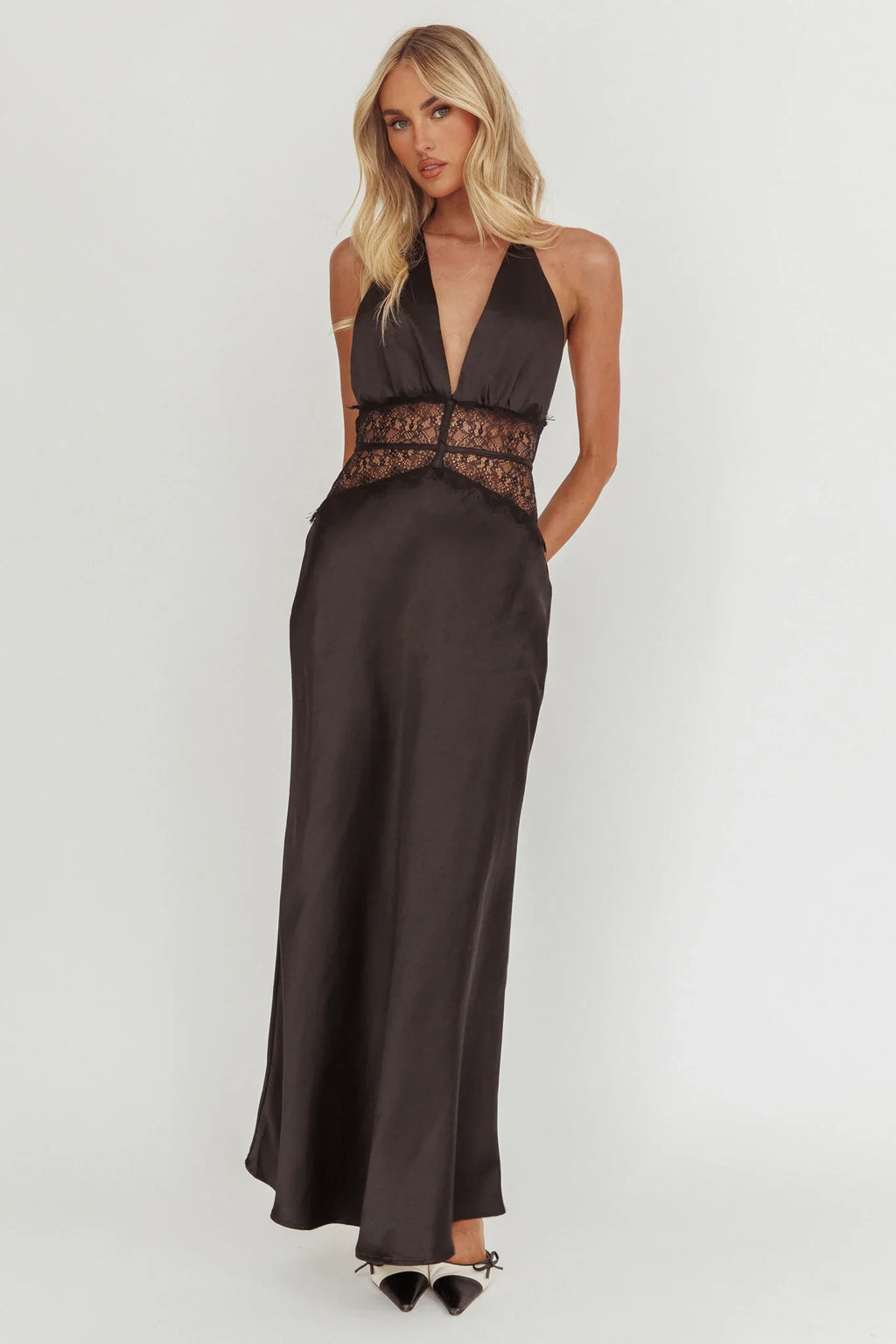 Tarly Lace Waist Halter Maxi Dress Black