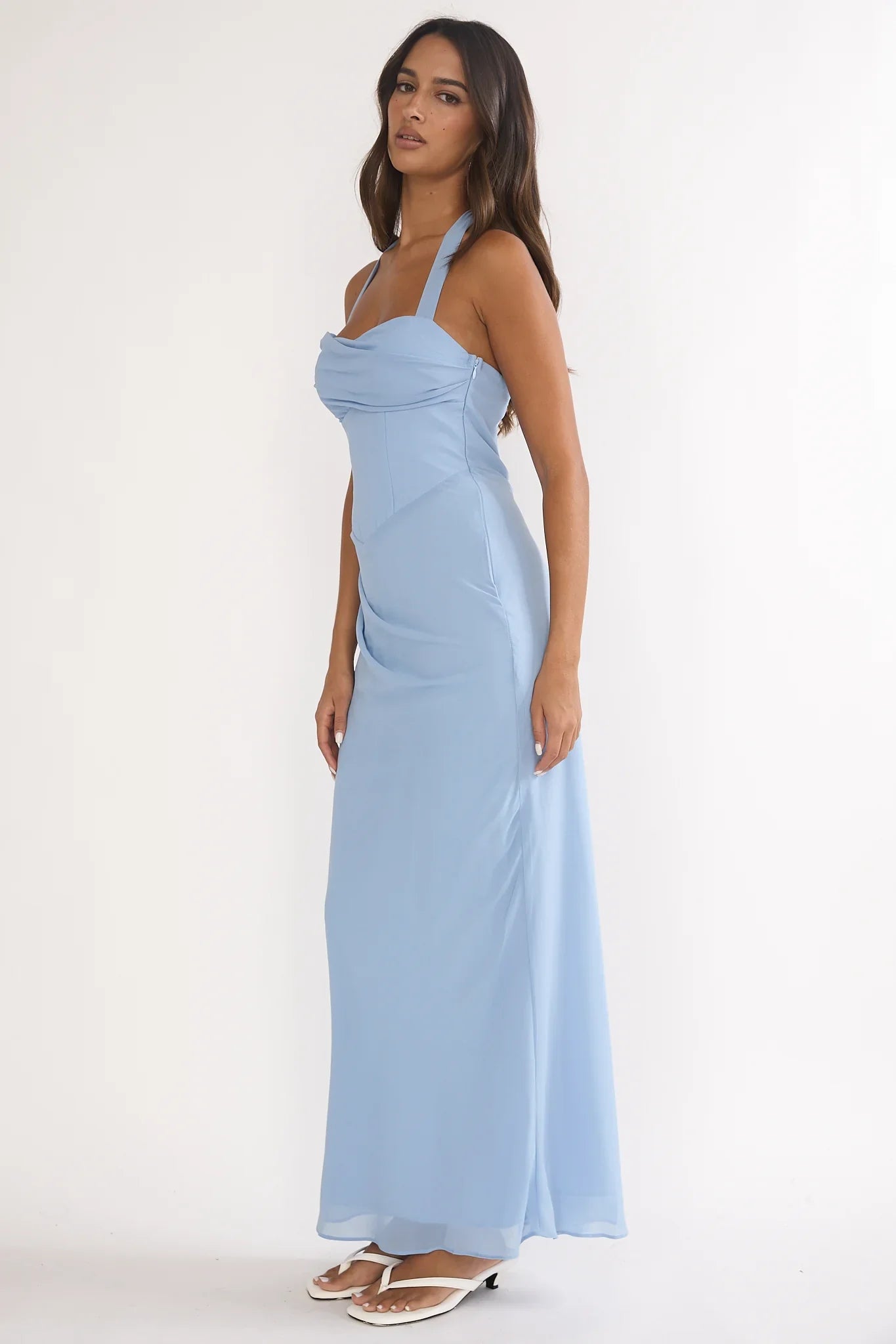 Rovelle Halterneck Pleat Waist Maxi Dress Sky Blue