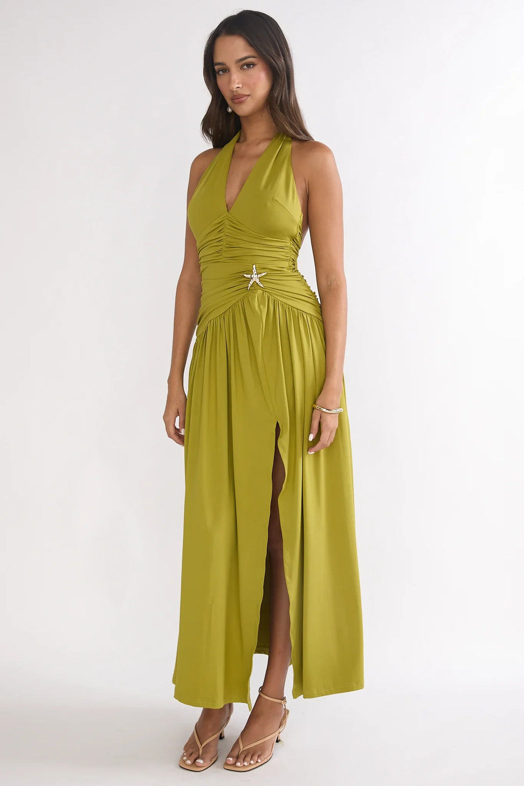 Nightbloom Ruched Waist Halter Maxi Dress Olive