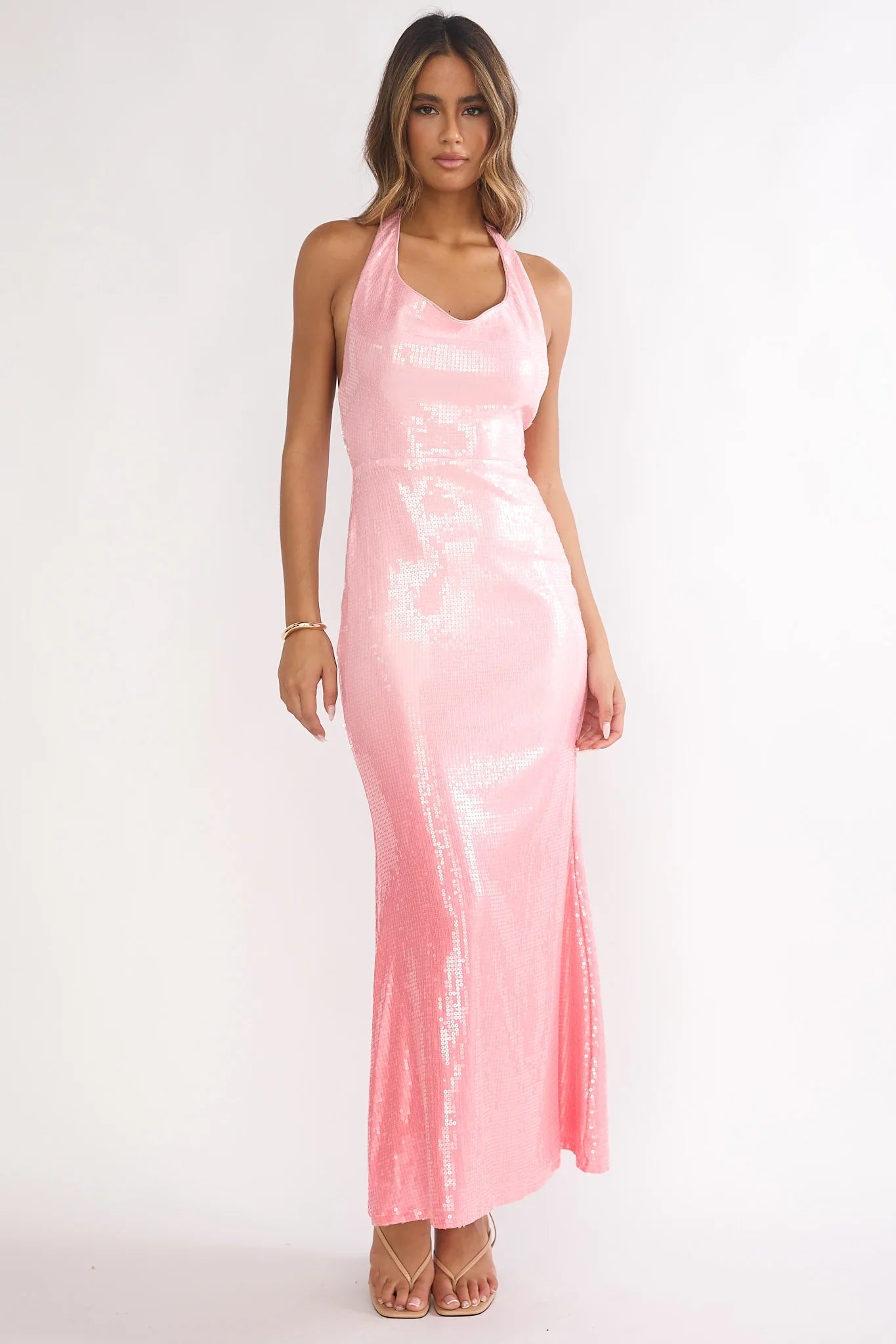 Koral Halter Sequin Maxi Dress Gradient Pink