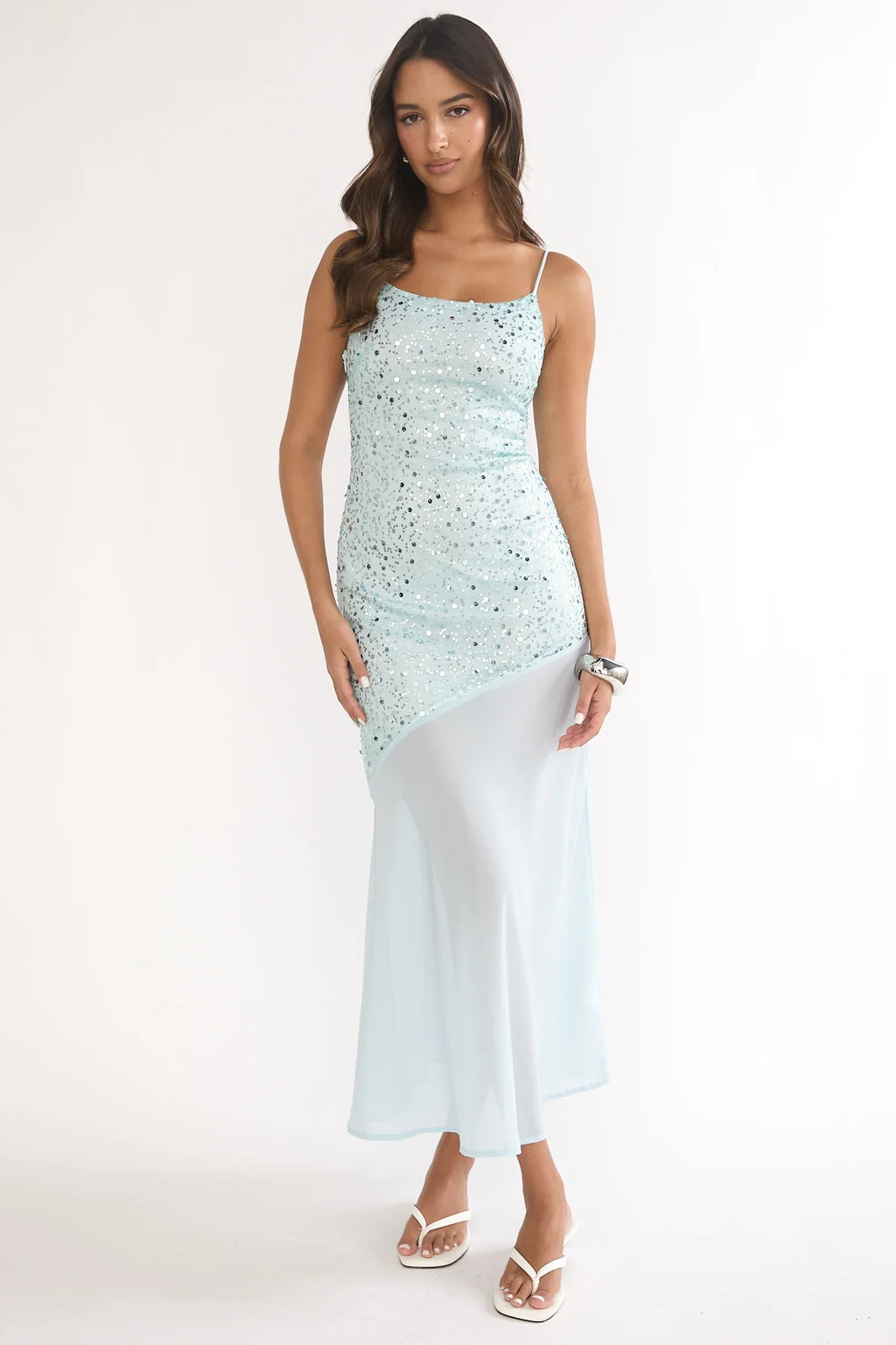 Gilded Dream Chiffon Hem Maxi Dress Sequin Sage