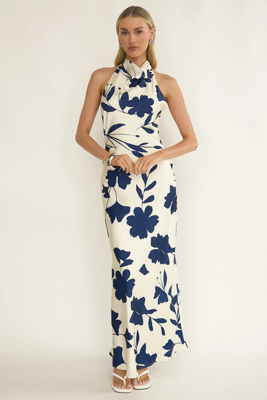 Elowis Cowl Halterneck Maxi Dress Floral Beige