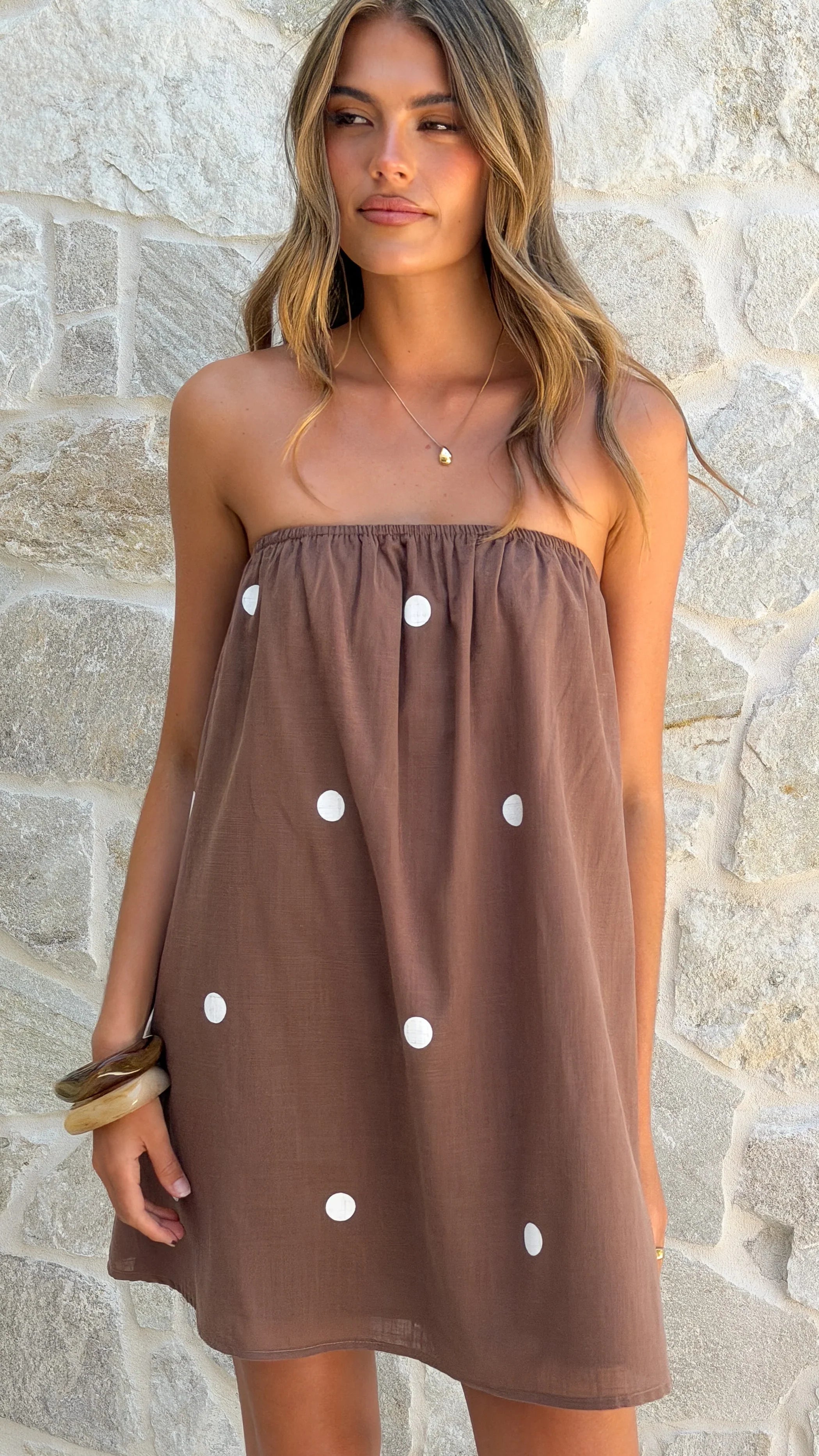 Karina Strapless Mini Dress - Chocolate/White Polka