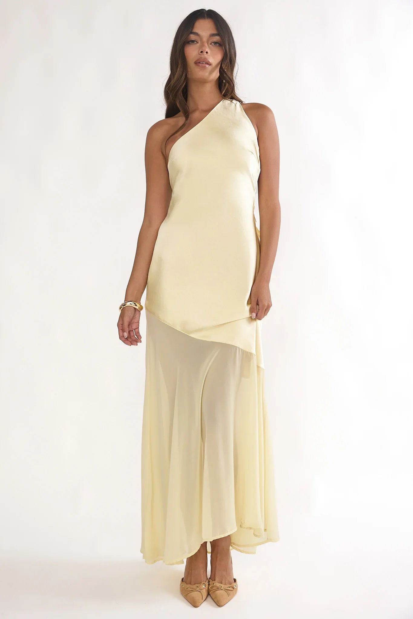 Mireya One-Shoulder Sheer Hem Maxi Dress Lemon