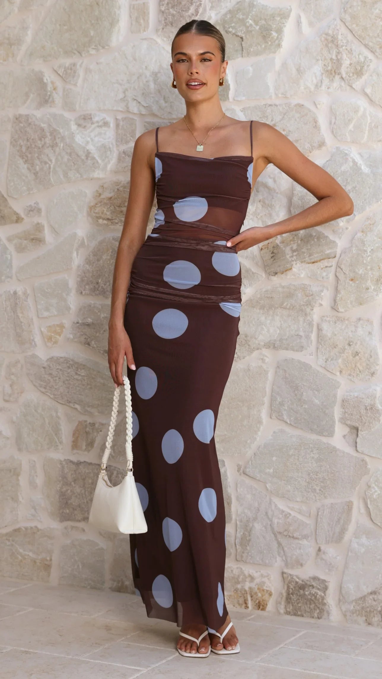 Loralei Mesh Maxi Dress - Brown / Blue Polka Dot