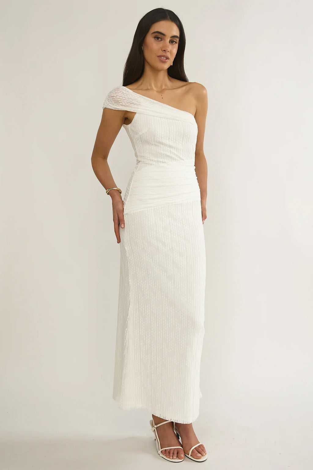 Gala One-Shoulder Textured Maxi Dress White