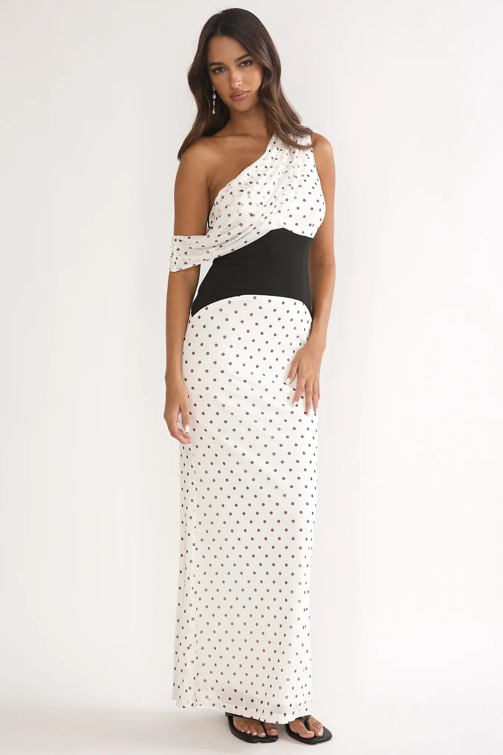 Milos Asymmetric Neckline Maxi Dress Polka Dot Brown