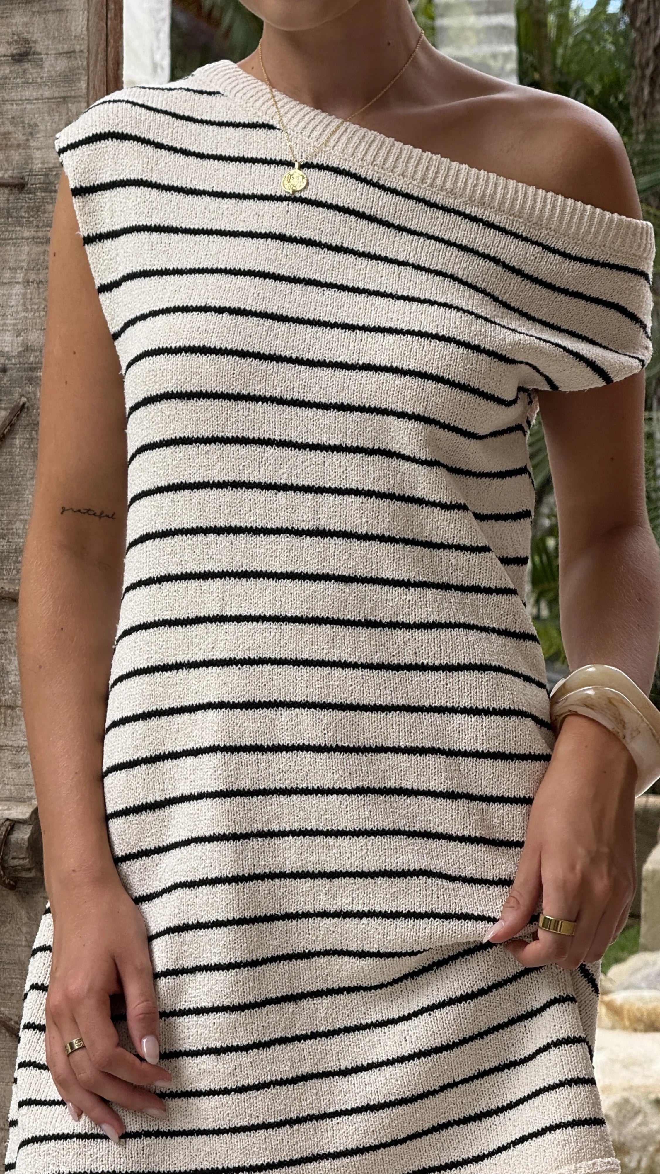 Robin Off Shoulder Mini Dress - Cream/Black Stripe